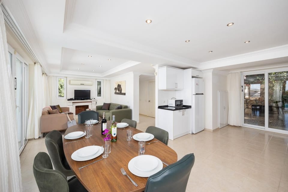 Open-plan living room with sofas, dining area, kitchen, ornamental fireplace, A/C, WiFi internet, and satellite TV