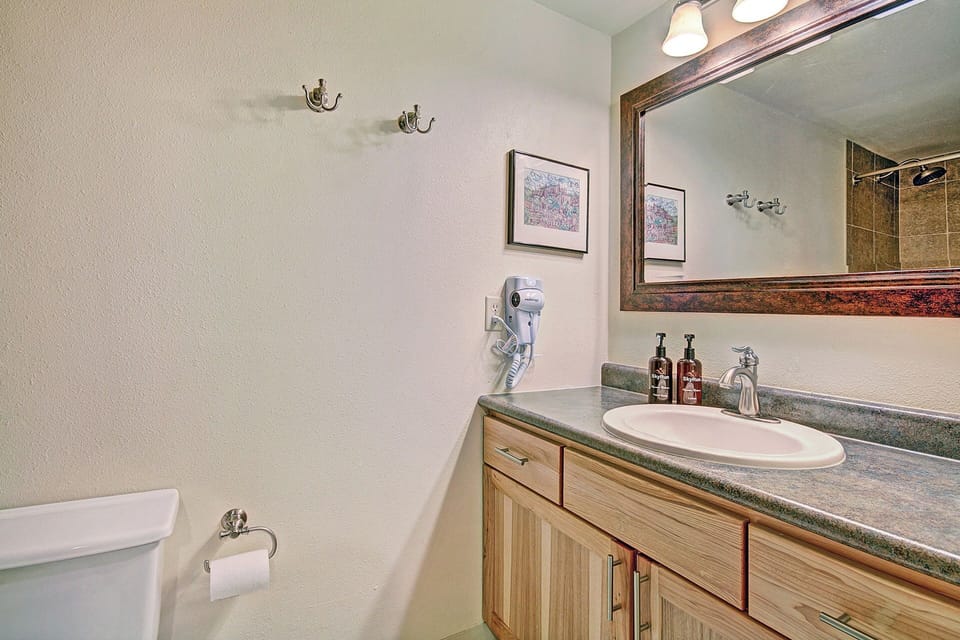 A bathroom with a wooden vanity, white sink, mounted hairdryer, soap and lotion dispensers, a large mirror, wall hooks, a toilet, and framed artwork on the wall.