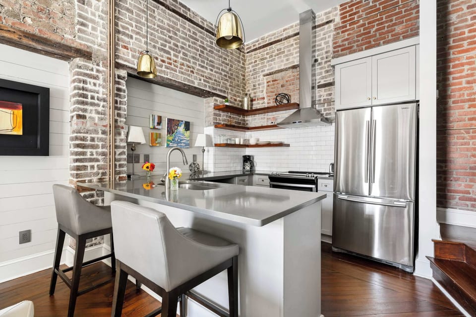 Fully equipped kitchen with everything you need to cook a meal with seating for two! 