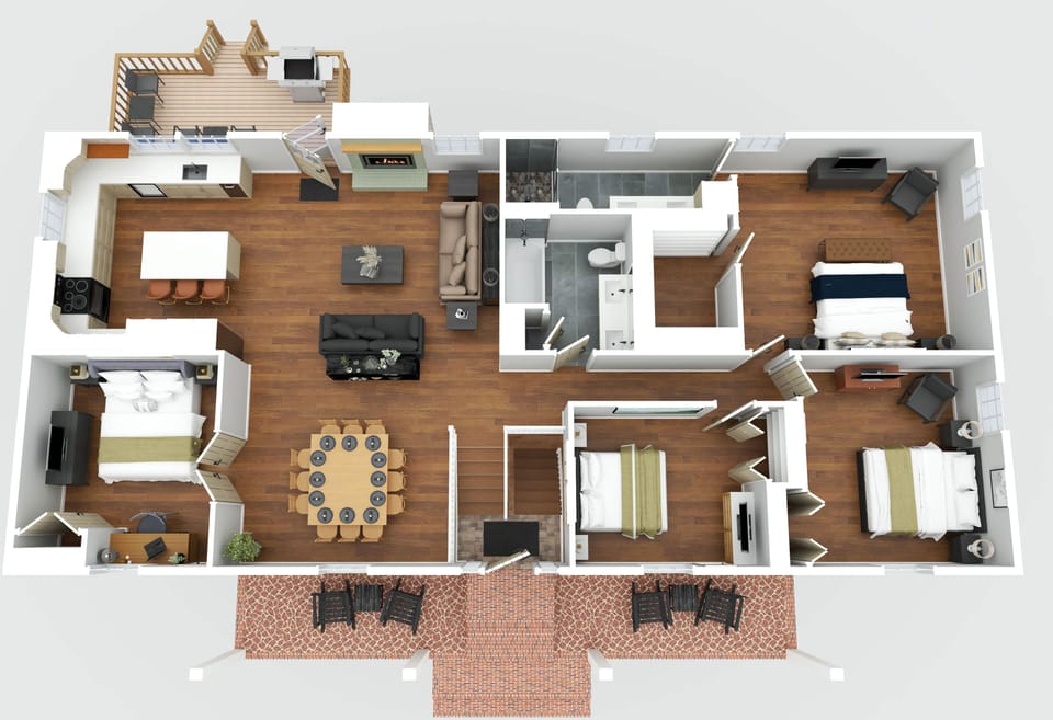 Main Floor layout. Includes a King primary suite. 3 additional bedrooms with Queen  beds. All have Smart TVs, full length mirrors, luggage racks, robes & slippers. Open concept kitchen, dining, and living room 1. 