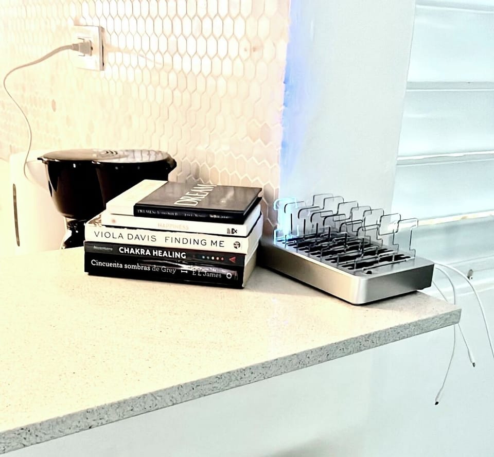 New charging station on the kitchen counter.