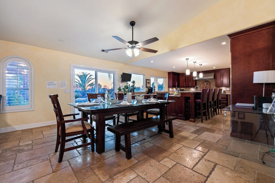 Dining area with seating for a group.