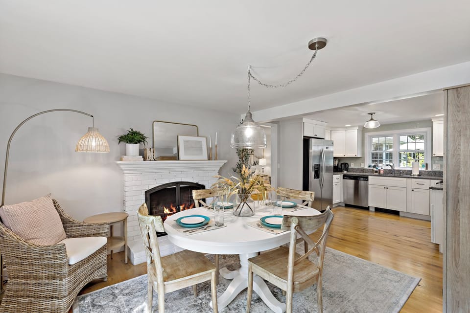The kitchen connects to an additional dining area