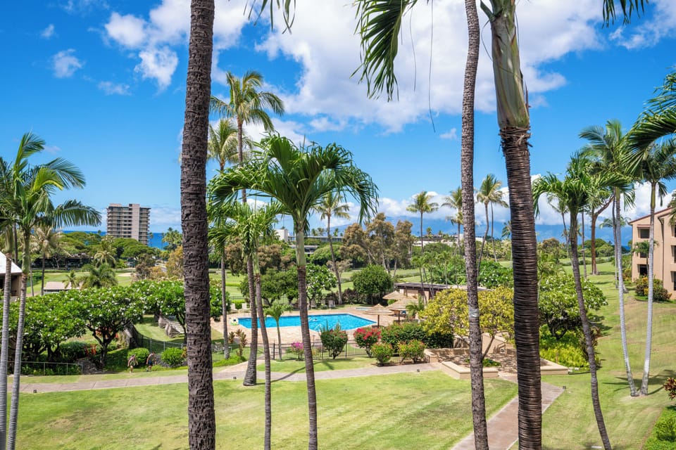 Step out onto your private top-floor lanai and take in sweeping views of the sparkling pool, lush Kaanapali Golf Course, and hints of the Pacific beyond.