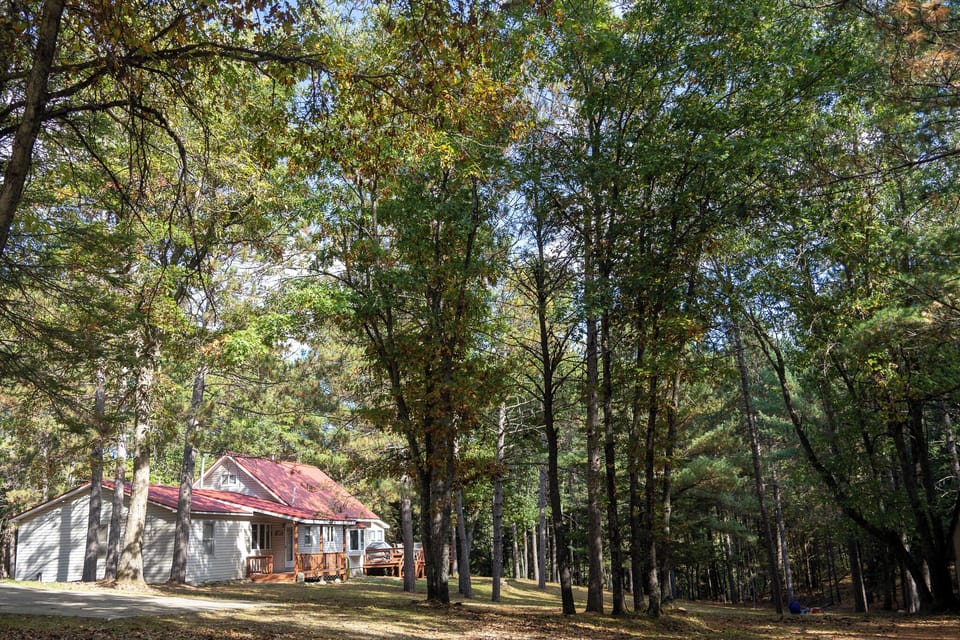 The cabin sits on 5 peaceful acres