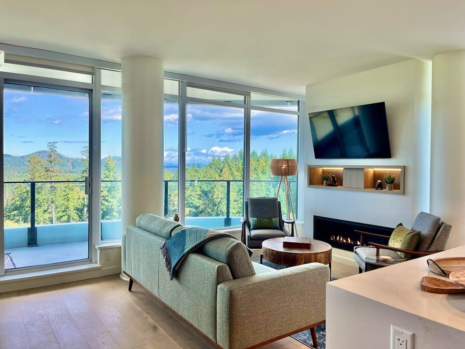 Open concept living room with gas fireplace