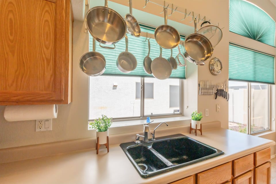 Kitchen is stocked to make it feel like cooking at home.