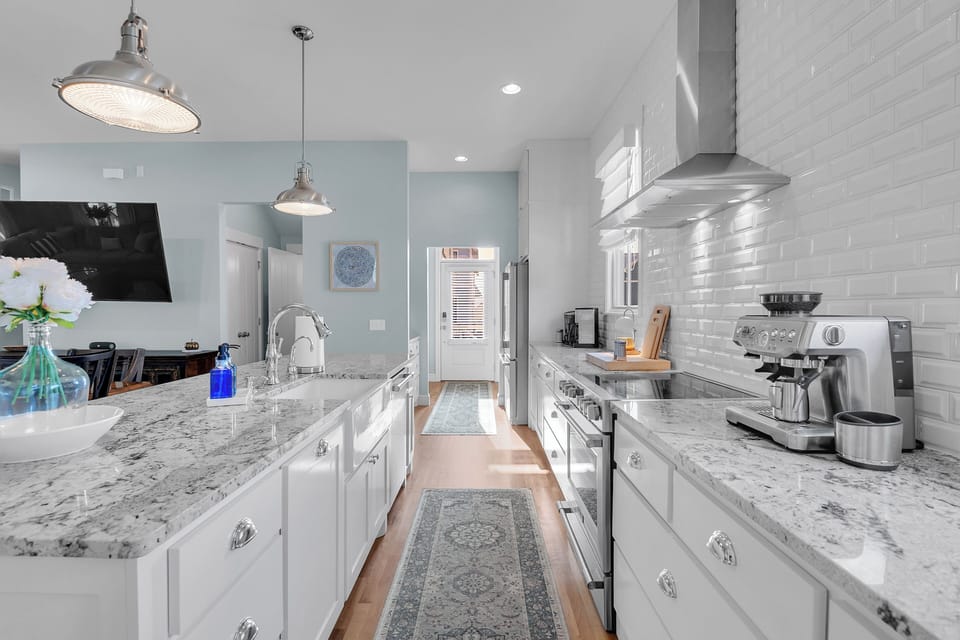 Kitchen, fully stocked for cooking meals and entertaining.