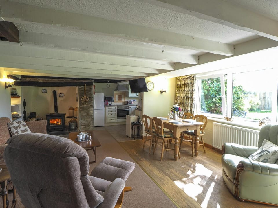 Open plan area with fireplace, sofa, tow armchairs, dining table with four chairs and kitchen in the background