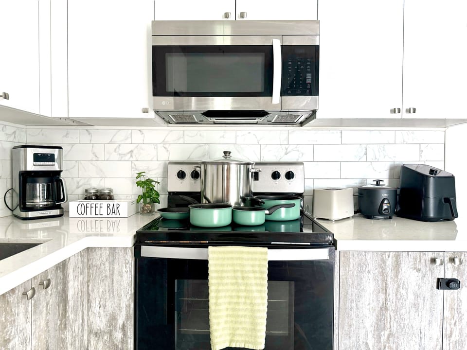 Our full kitchen is stocked with every appliance you need to prepare your meals