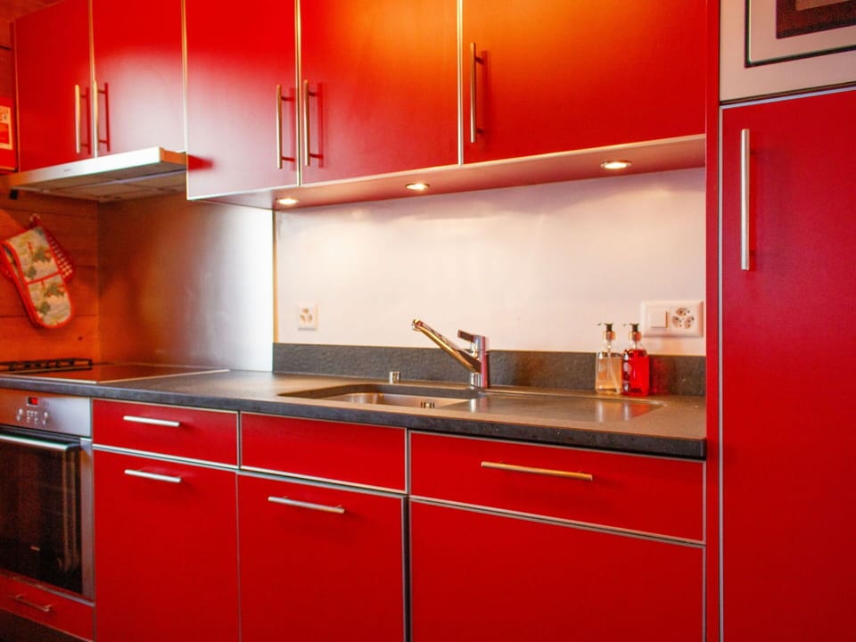 Kitchen, Red, Countertop, Kitchen Appliance, Major Appliance, Kitchen Sink, Cabinetry, Flooring, Sink, Plumbing Fixture