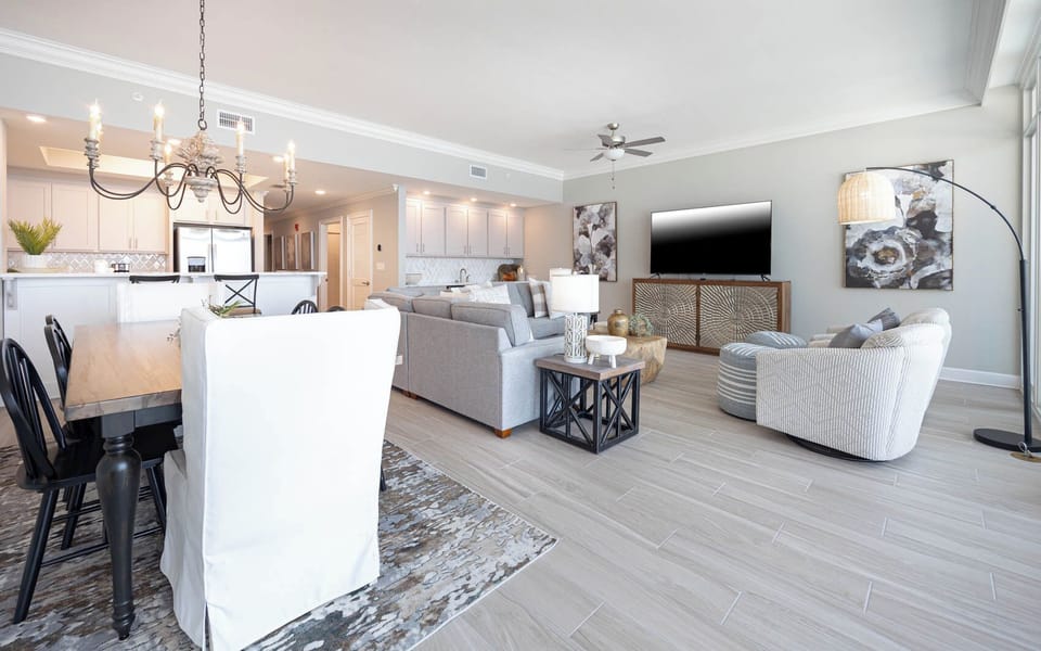 Gather in this welcoming living space and enjoy stunning beach views through the windows