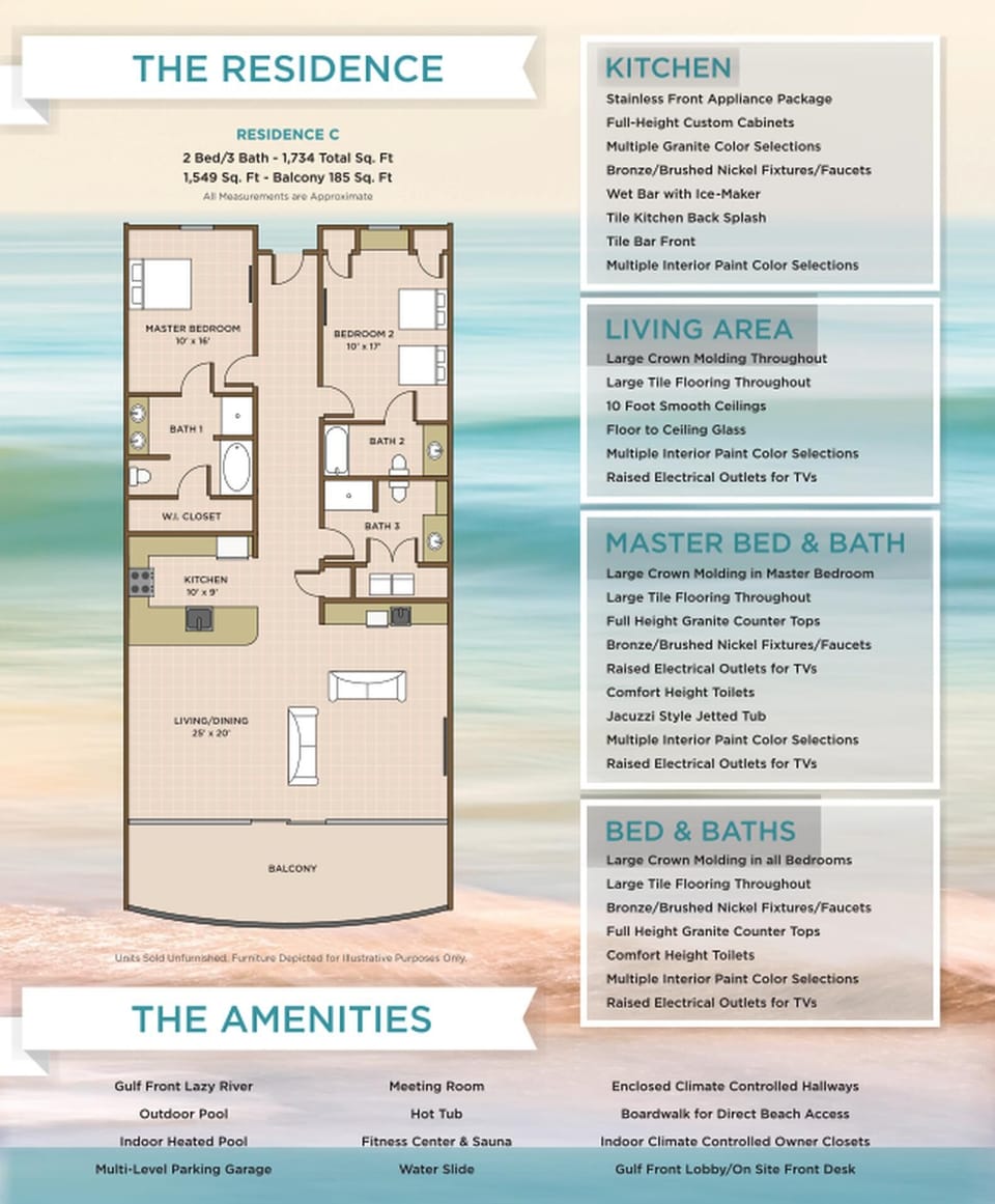 Explore this spacious 2 bedroom layout with 3 baths, laundry closet, and balcony on the beach