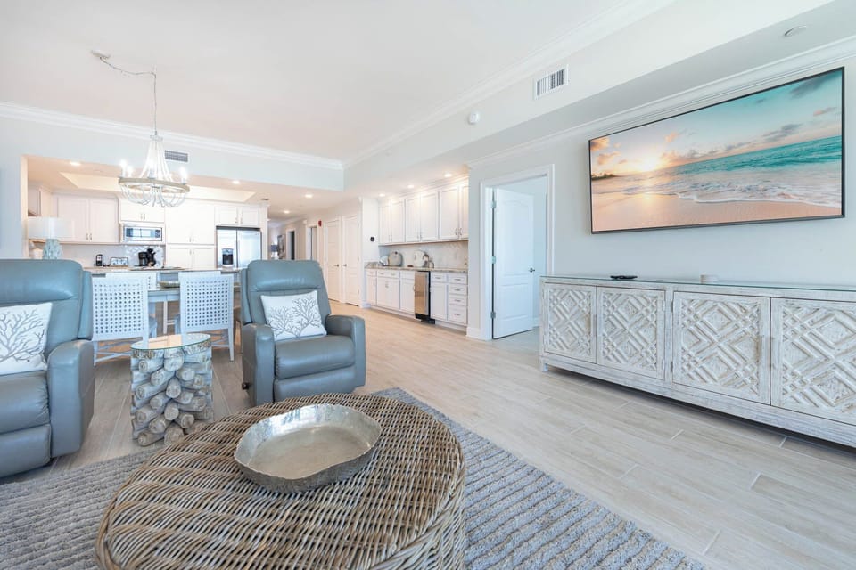 Kick back and stream your favorite shows on the large wall-mounted TV or enjoy a good movie after a day at the beach