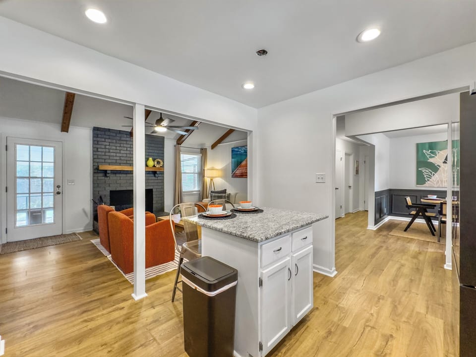 View from kitchen into living and dining areas