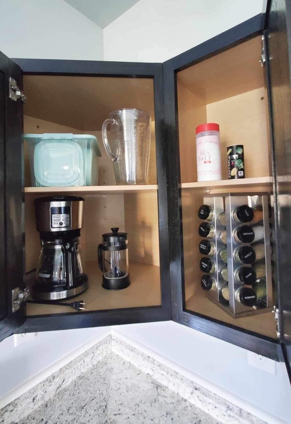 Spices, food storage, pitcher, coffee pot, and French press