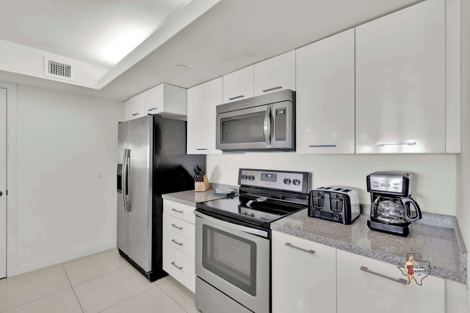 Stainless steel appliances plus coffee maker, blender, toaster, and dishwasher.