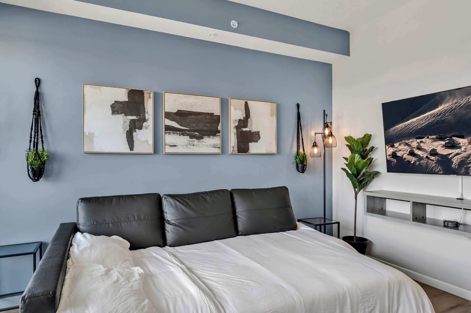 Living room with Apple TV, sofa converts to Queen sofa bed