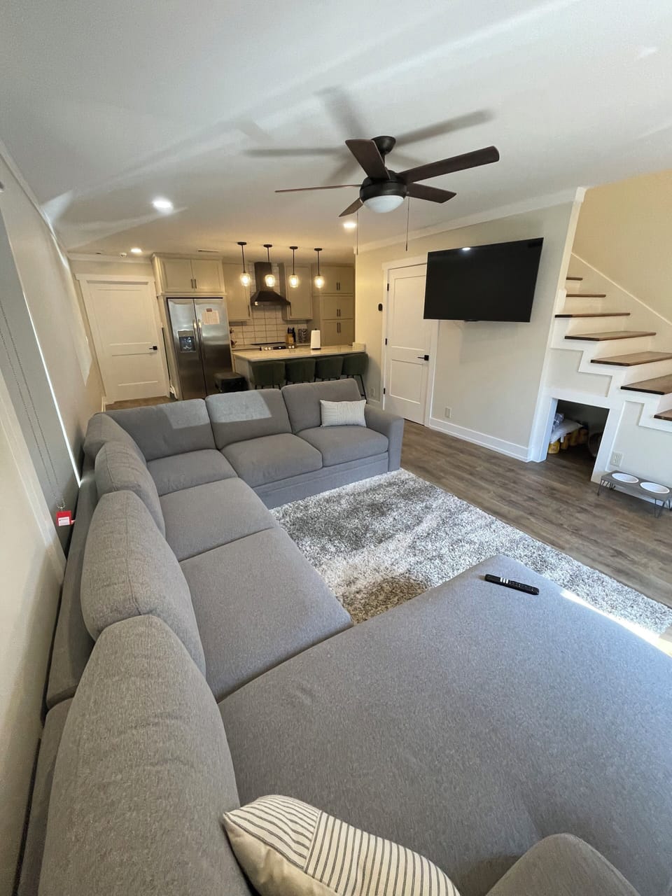 Spacious living room and open kitchen