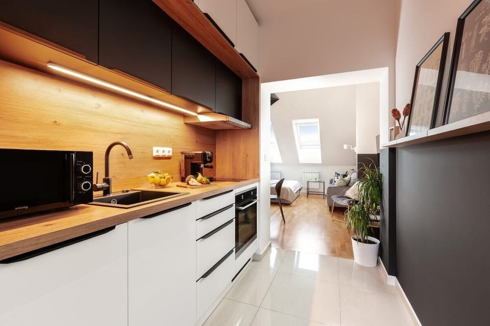 Fully equipped kitchen and entrance to the main room