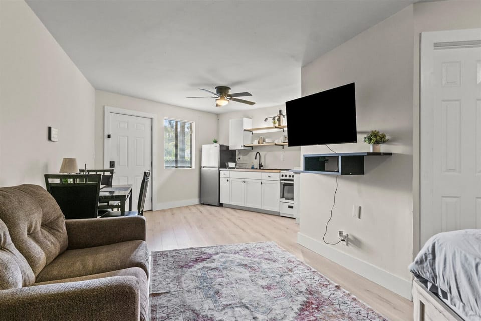 Open-layout living area with smart TV
