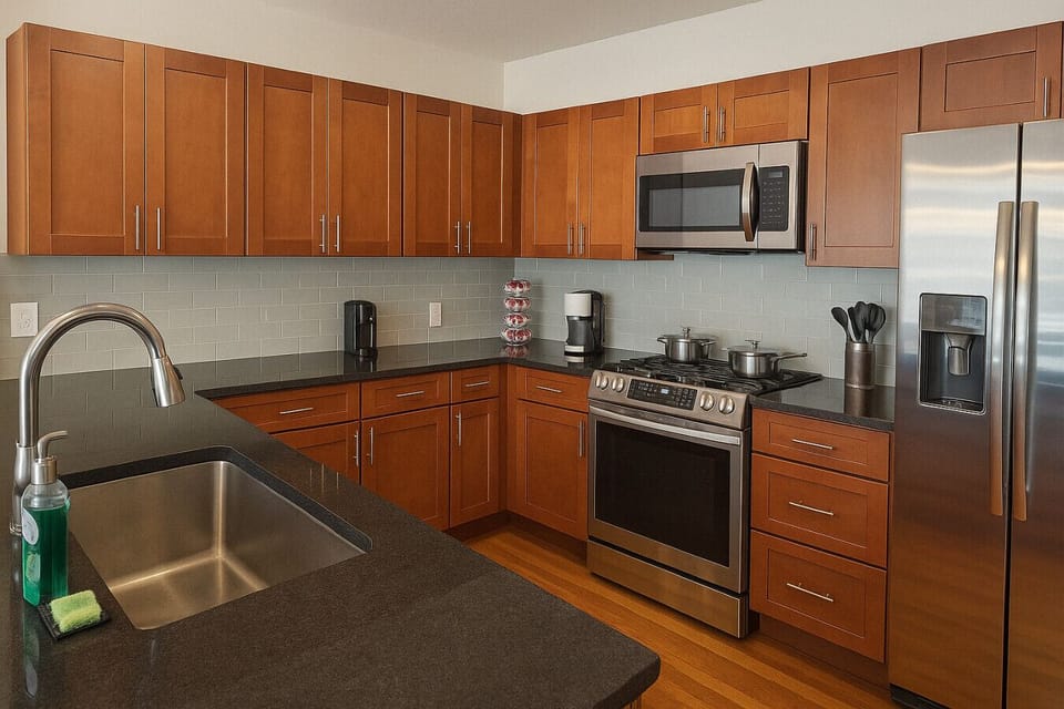 Spacious Dining & Kitchen – Modern Design, Fully Equipped for Your Stay