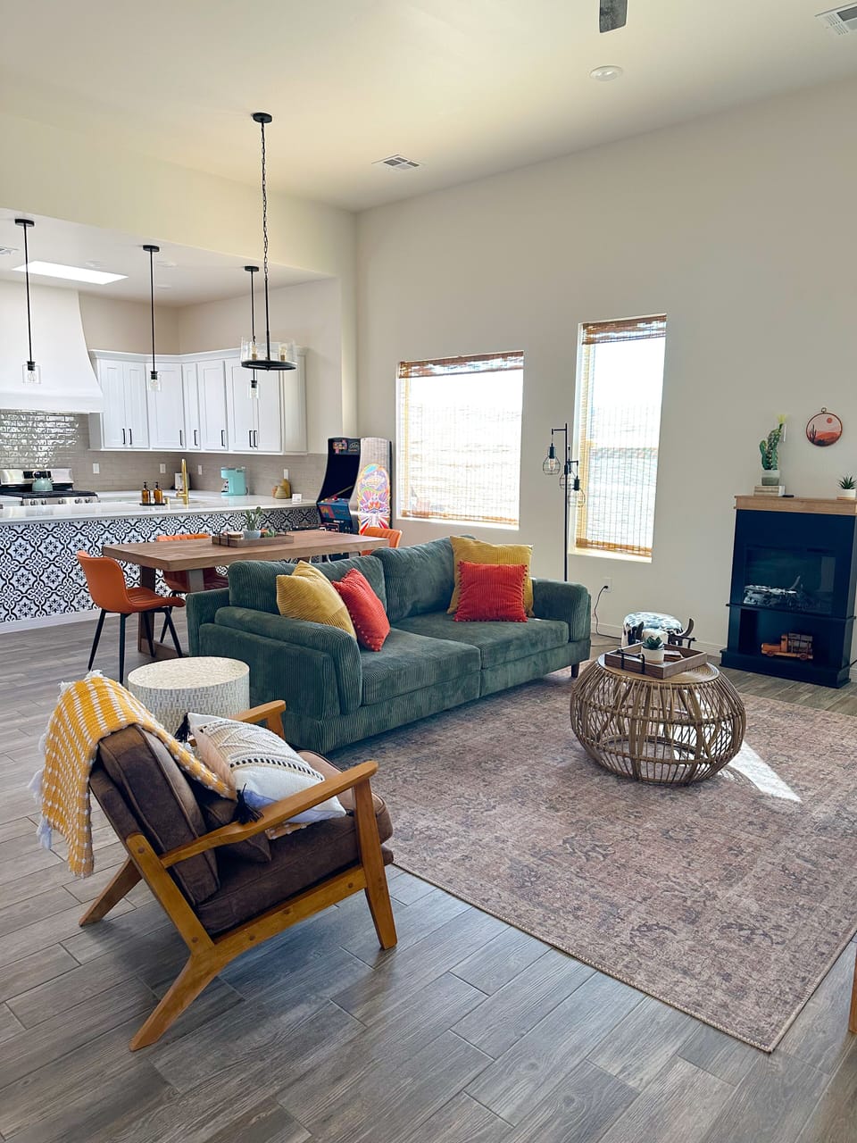 Kick back and relax in the extra-deep couch and unwind by the electric fireplace