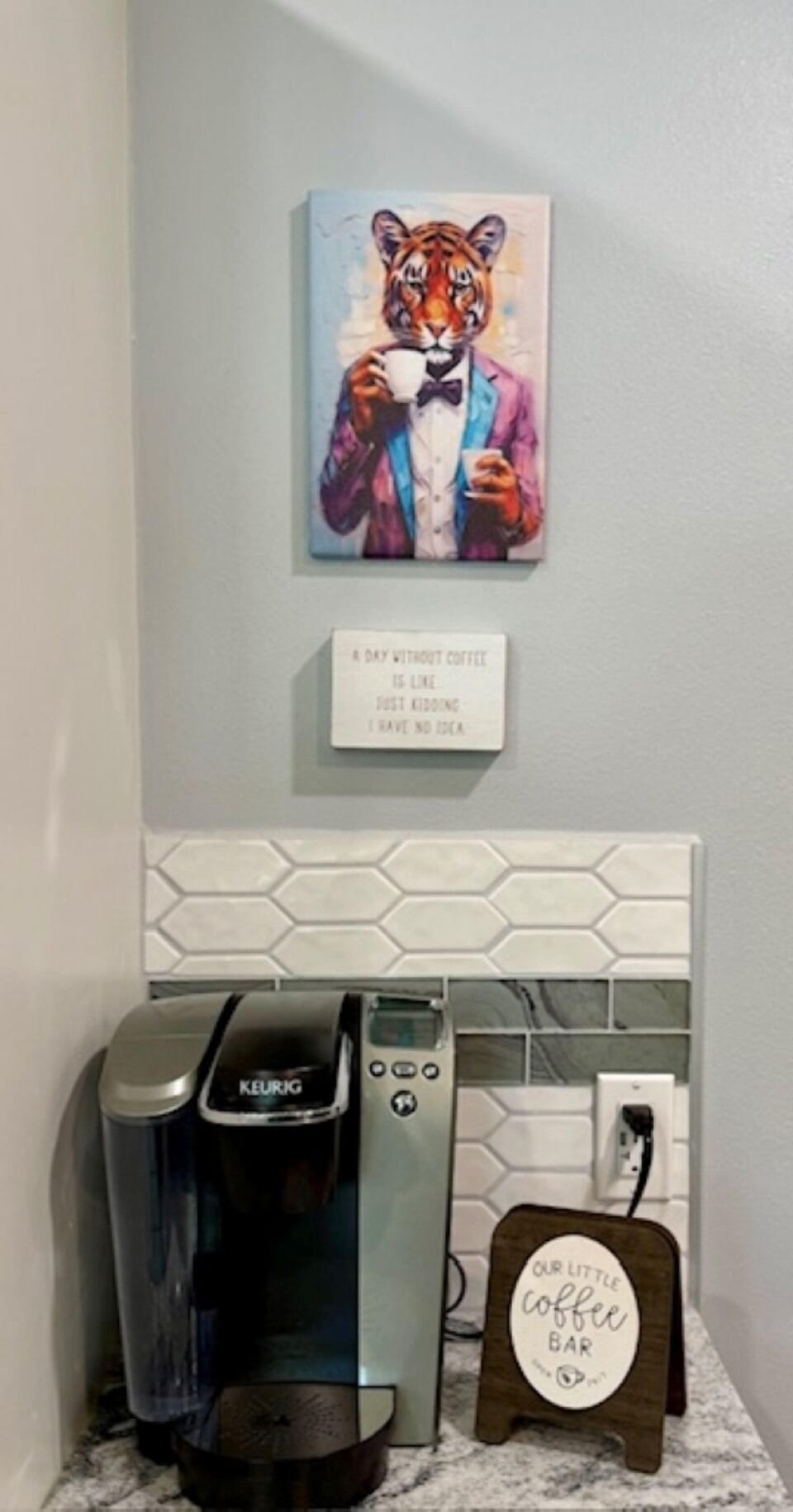 Keurig coffee bar includes pods, sugars & cream.