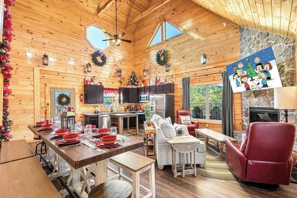 Large living area with dining space and kitchen