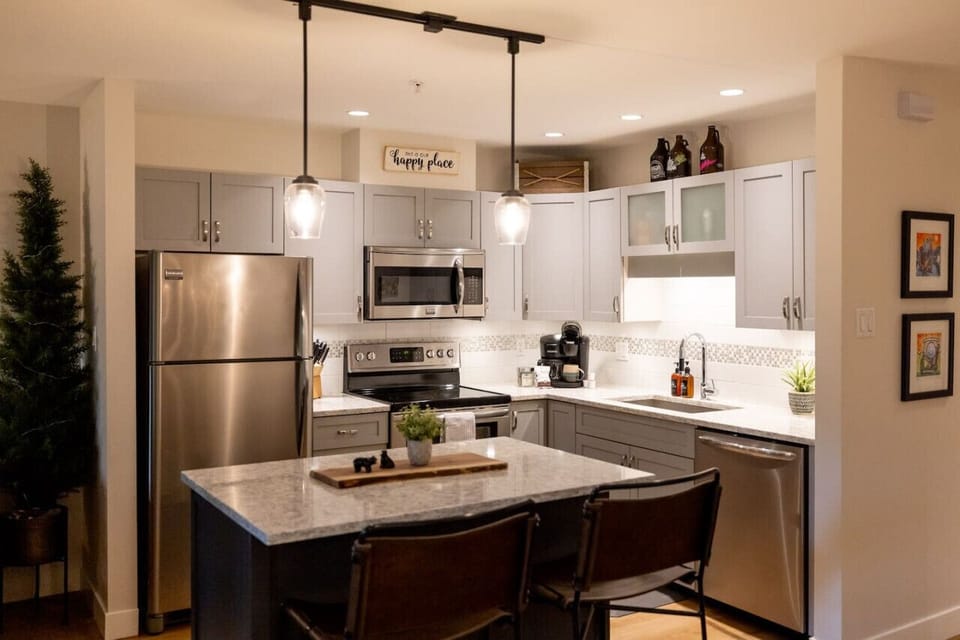 The kitchen offers many small appliances including: A toaster, kettle, coffee maker and more. A dishwasher, Oven, stove and microwave are provided for your use. Make a gourmet meal here.