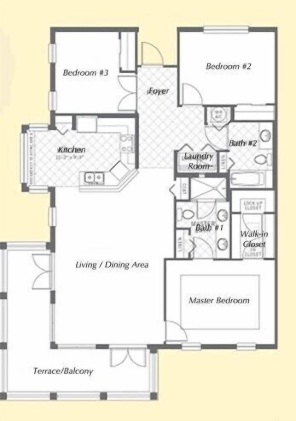 Spacious 3-bedroom, 2-bathroom layout with a fully equipped kitchen, living/dining area, and private balcony.