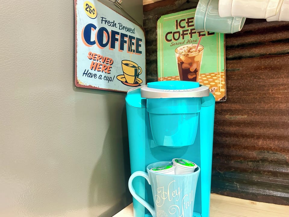 The coffee bar is always open with pods ready to brew! Coffee & hot chocolate. 