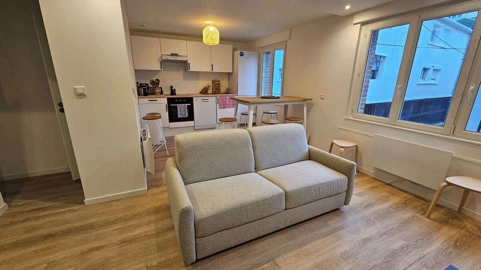 Salon avec canapé convertible et télévision.
Le salon est ouvert sur la cuisine et l'espace repas.