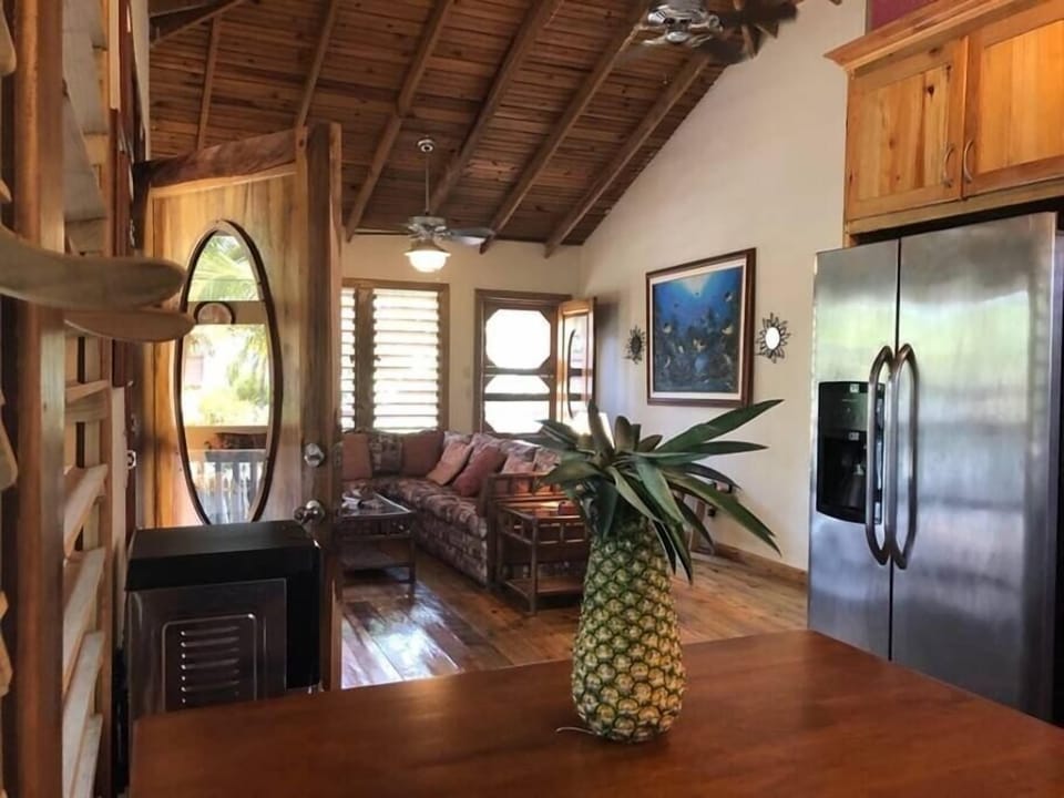 Open kitchen, living area with ceiling fans