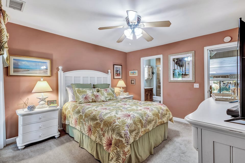 Bedroom 2 - Queen En-Suite, 2d Floor - Comfortable Queen-size Bed,  Clothing Storage,  Private Full-Size Bathroom with new walk-in shower,  Flat-screen TV, Access to private balcony