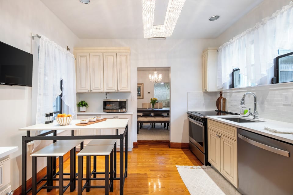 Fully equipped kitchen is stocked with all the essentials.