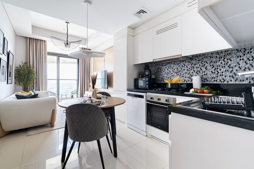 Another angle of the kitchen, dining, living area with the view