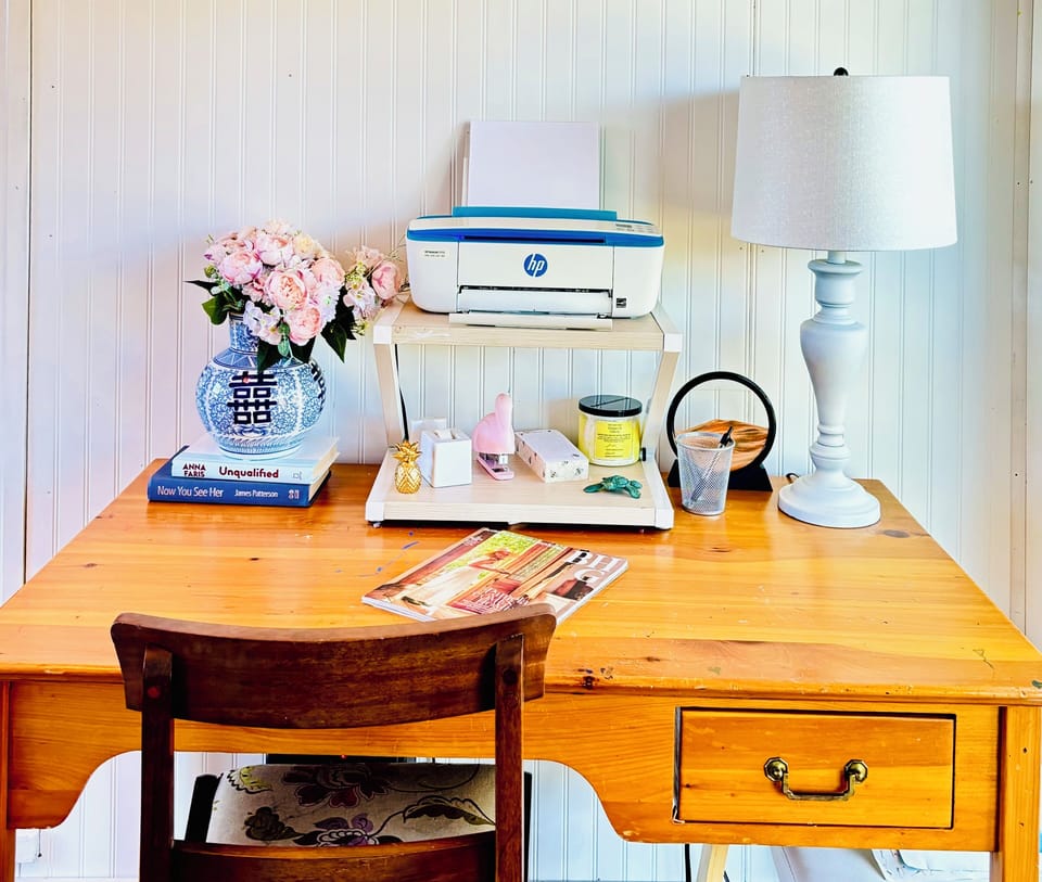 Printer & desk & office supplies right off the living room in the office/playrm