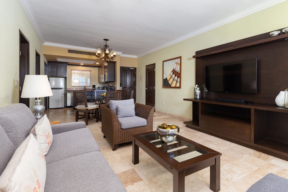 Living Room with Smart TV and cable channels