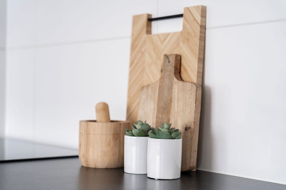 Stylish kitchen decor featuring wooden cutting boards, a mortar and pestle, and two small potted succulents in sleek white pots. The combination of natural wood and greenery adds warmth and charm to the modern black countertop, creating a fresh and inviting atmosphere.

Hotel Eindhoven met stijlvolle woonkamer – ideaal om tot rust te komen na een dag in de stad.