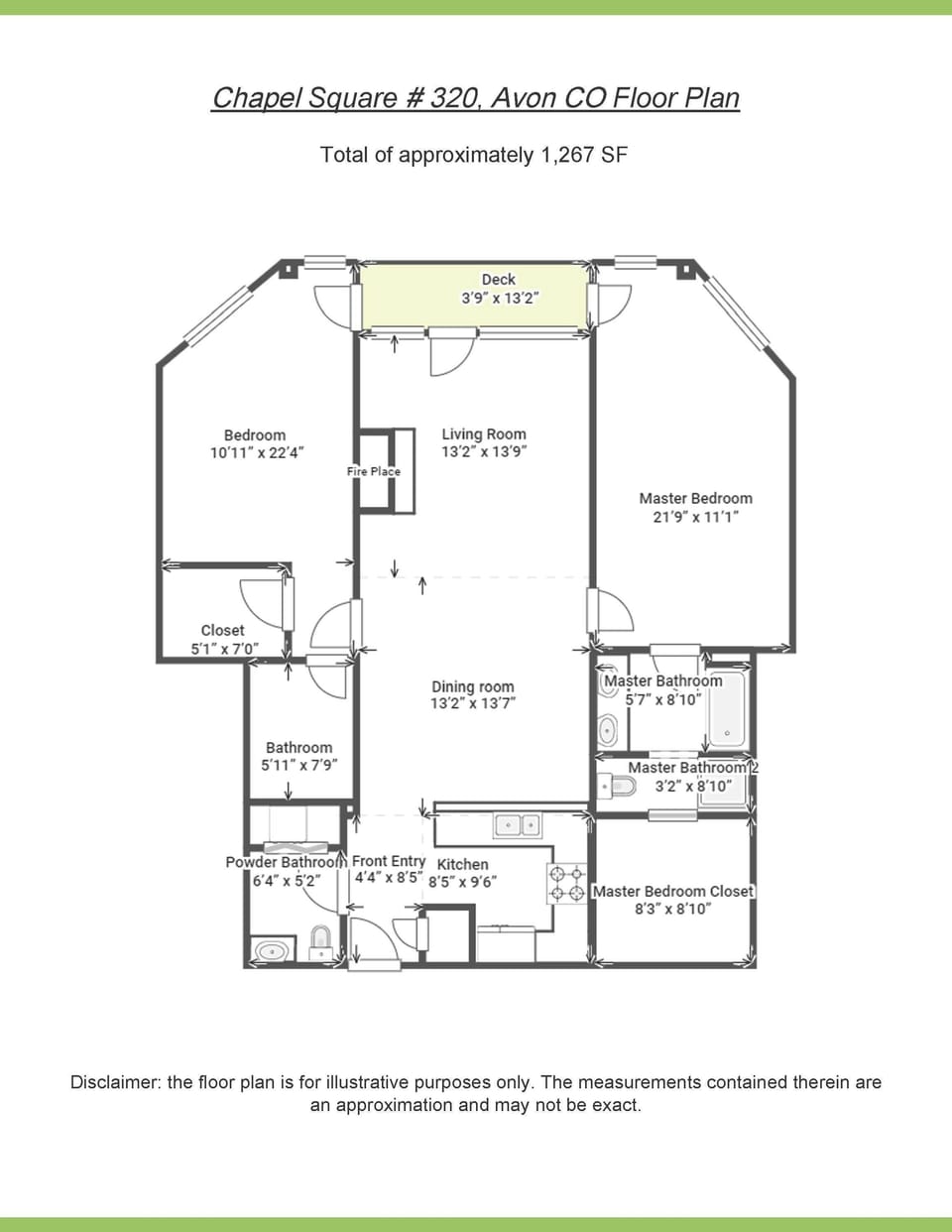 Floor plan illustration of Chapel Square #320 in Avon, CO, featuring a 1267 SF layout with two bedrooms, two bathrooms, living room, dining room, kitchen, powder room, closets, and deck.