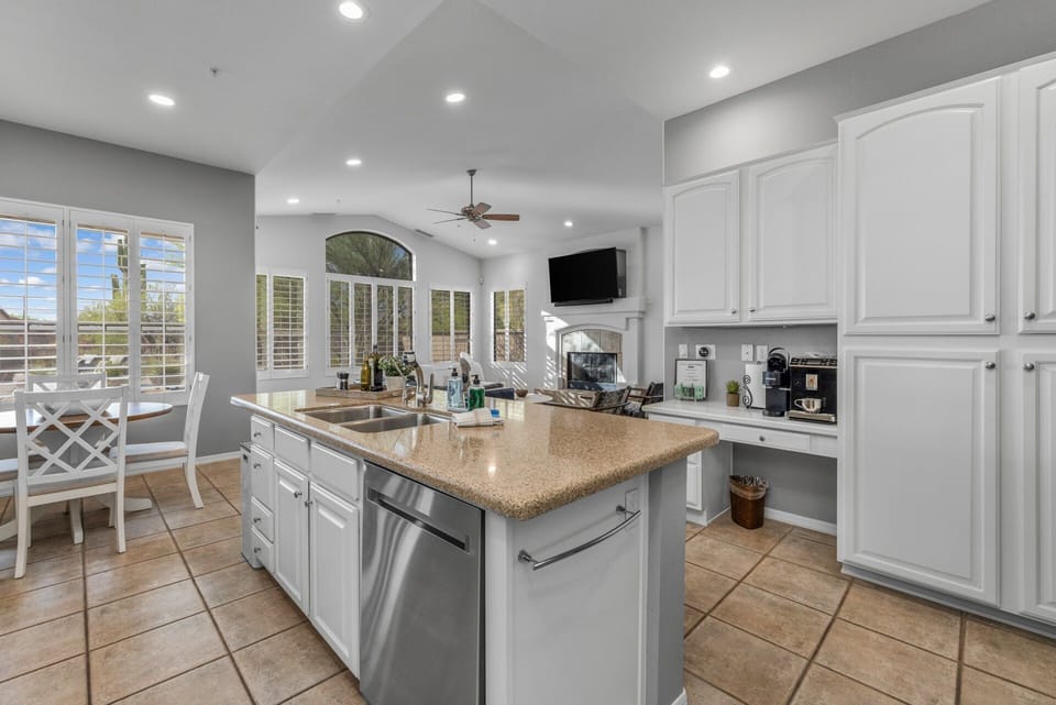 Kitchen is fully equipped with stainless steel appliances