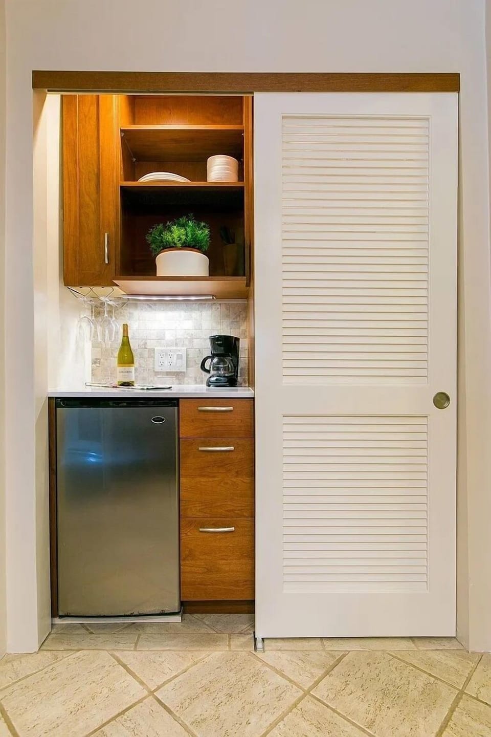 Ample Closet Space with Counter and Mini Fridge