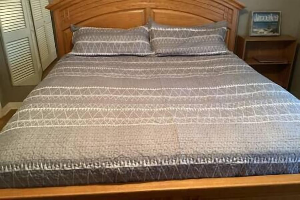 King bed with huge closet and attached bathroom.
