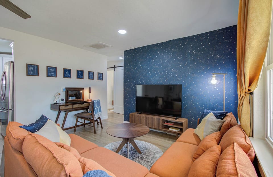 The kitchen is steps away from the living room