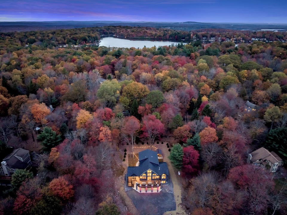 Arial View of Lake Harmony, Light My Fire and Stunning Fall Foliage.