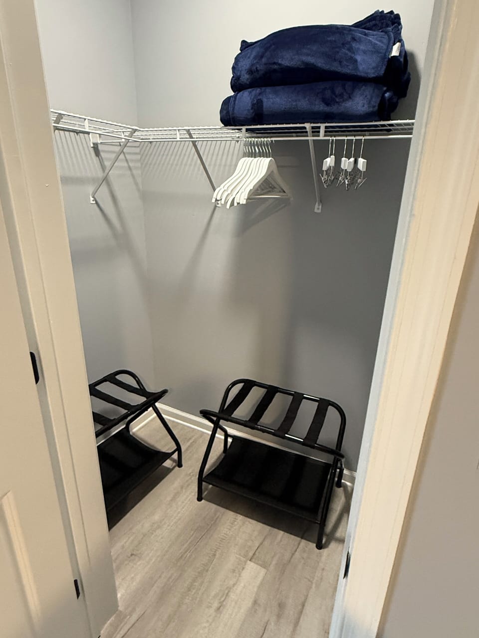 Walk-in closet in the second bedroom includes handy luggage racks