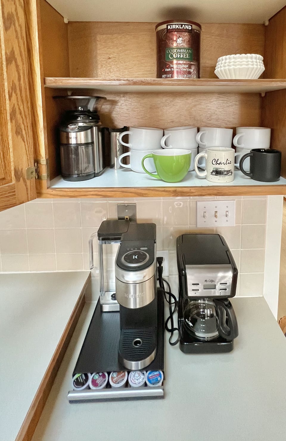 Coffee station with Keurig and Mr. Coffee pot