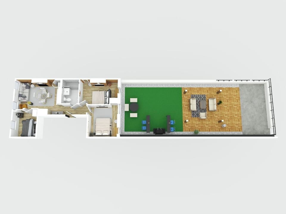 3D floor plan with two bedrooms, a bathroom, living area, and outdoor patio.