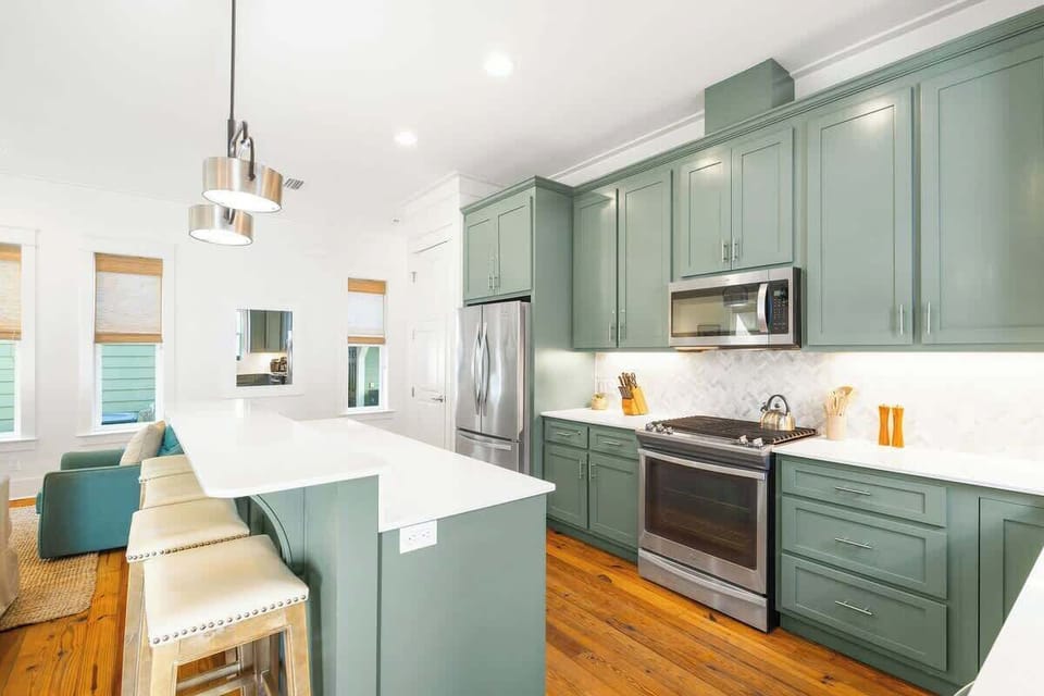 Kitchen island features seating for 4